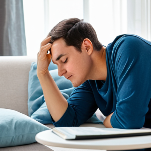 A calm individual of indeterminate gender, fully clothed in modest, comfortable loungewear, gently applying an ice pack to their cheek while resting with their head slightly elevated on a soft pillow on a modern sofa. A glass of water is on a side table nearby. The room is clean and well-lit, conveying a sense of peaceful recovery and self-care. This image is safe for work, appropriate content, family-friendly, perfect anatomy, correct proportions, natural pose, well-formed hands, proper finger count, natural body proportions, professional photography, high quality.