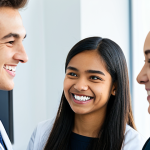 A diverse group of individuals, including adults and young adults, showcasing the evolution of orthodontic treatment. On one side, a young person with traditional metal braces smiling confidently. On the other side, an adult with nearly invisible clear aligners engaged in a conversation, subtly highlighting their discretion. In the background, a modern, brightly lit orthodontic clinic, with subtle hints of advanced equipment. Each subject is fully clothed in appropriate, modest attire, maintaining professional dress. The scene emphasizes natural poses and perfect anatomy, correct proportions, natural body proportions, well-formed hands, and proper finger count. High-resolution professional photography, natural lighting, safe for work, appropriate content, family-friendly.