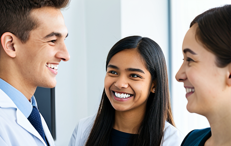A diverse group of individuals, including adults and young adults, showcasing the evolution of orthodontic treatment. On one side, a young person with traditional metal braces smiling confidently. On the other side, an adult with nearly invisible clear aligners engaged in a conversation, subtly highlighting their discretion. In the background, a modern, brightly lit orthodontic clinic, with subtle hints of advanced equipment. Each subject is fully clothed in appropriate, modest attire, maintaining professional dress. The scene emphasizes natural poses and perfect anatomy, correct proportions, natural body proportions, well-formed hands, and proper finger count. High-resolution professional photography, natural lighting, safe for work, appropriate content, family-friendly.