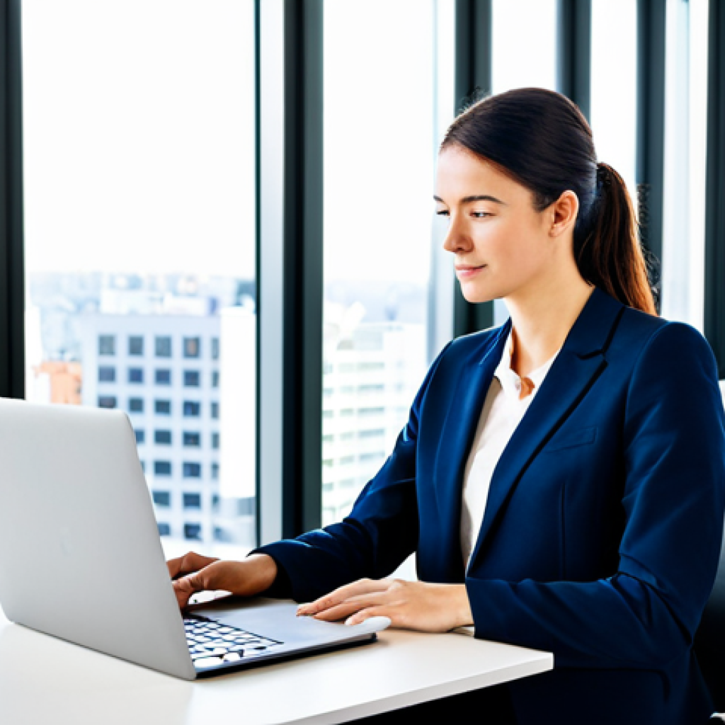 교정 중 이물질 제거 방법 - Modern Professional Workspace**
"A businesswoman in a tailored navy blue blazer and dress pants, si...