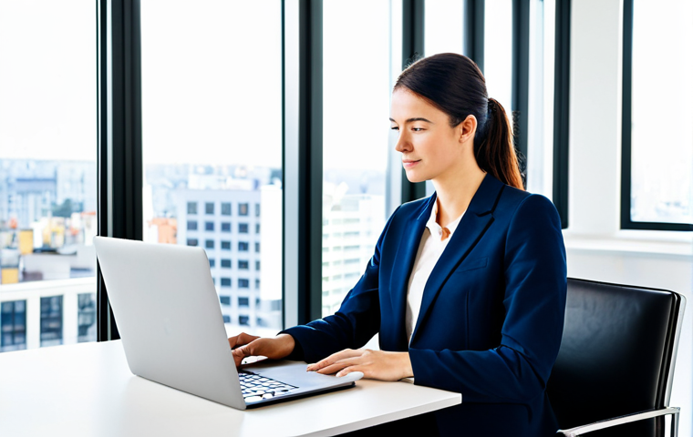 교정 중 이물질 제거 방법 - Modern Professional Workspace**
"A businesswoman in a tailored navy blue blazer and dress pants, si...