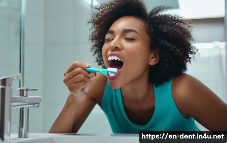 구강 악취 원인과 치료 병원 추천 - A detailed close-up of a diverse adult woman performing thorough oral hygiene in a modern bathroom s...