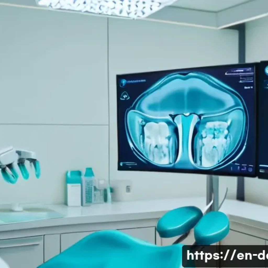 임플란트 수술 과정과 회복 기간 - A detailed dental clinic scene showing a dentist and patient during the initial implant assessment, ...