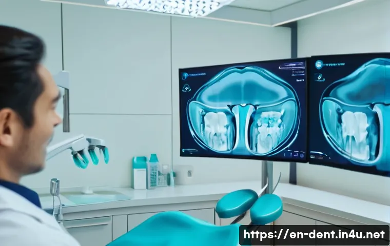 임플란트 수술 과정과 회복 기간 - A detailed dental clinic scene showing a dentist and patient during the initial implant assessment, ...
