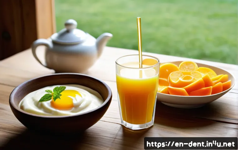 발치 후 음식 섭취 주의사항 - A cozy kitchen scene featuring a wooden table with an array of soft, nutrient-dense foods ideal for ...