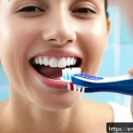 치아 과민증 완화 방법과 치료법 - A detailed, realistic close-up of a person gently brushing their teeth with a soft-bristled electric...
