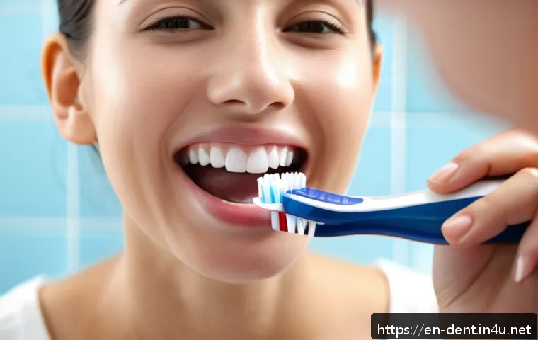 치아 과민증 완화 방법과 치료법 - A detailed, realistic close-up of a person gently brushing their teeth with a soft-bristled electric...