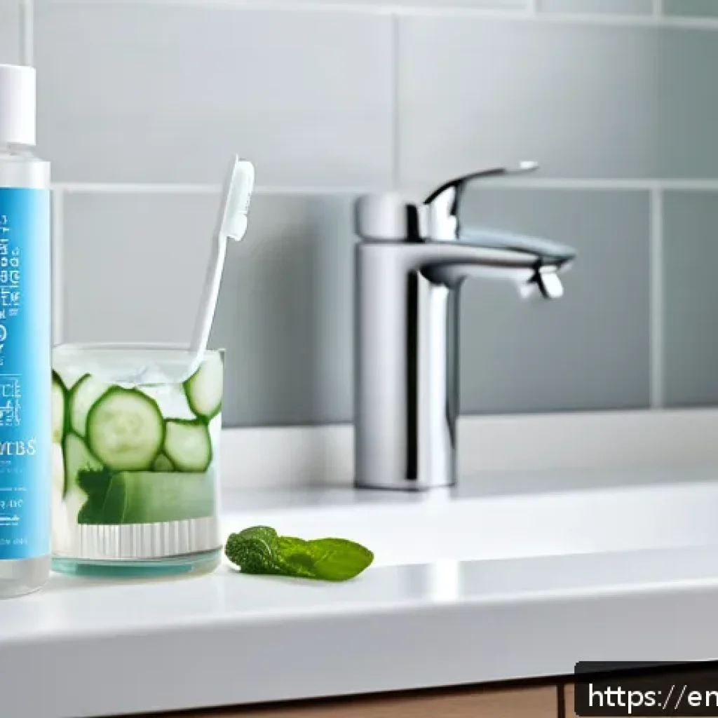 치과 스케일링 후 주의사항 - A serene bathroom scene focusing on a modern electric toothbrush with a soft-bristled head and press...