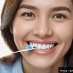 치아 사이 틈 치료 방법과 비용 - A close-up, high-resolution image of a smiling adult woman wearing traditional metal braces with cer...