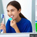 구강세정기와 일반 칫솔 비교 - A bright, clean bathroom scene featuring a young adult woman using an electric toothbrush with oscil...