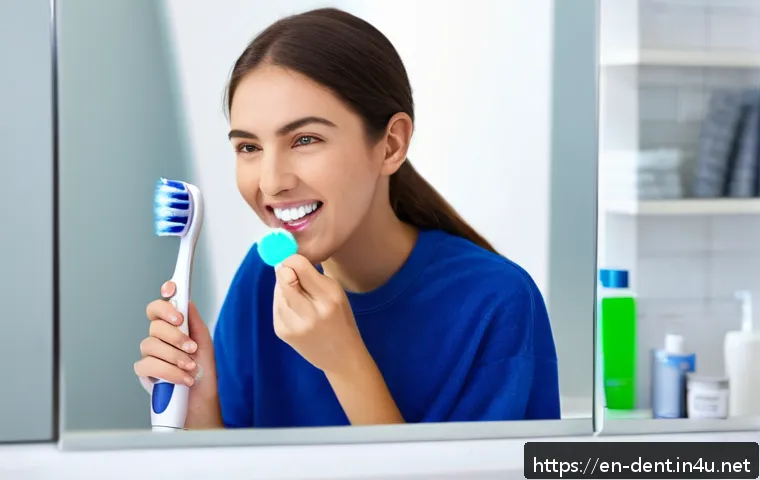 구강세정기와 일반 칫솔 비교 - A bright, clean bathroom scene featuring a young adult woman using an electric toothbrush with oscil...