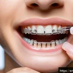 치아 교정 장치 탈락 시 대처법 - A close-up, highly detailed image of a young adult&rsquo;s mouth with clear orthodontic braces, showing a ...