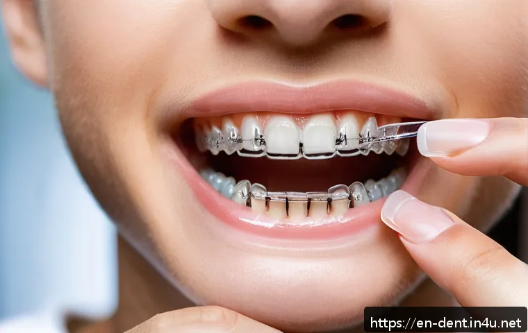 치아 교정 장치 탈락 시 대처법 - A close-up, highly detailed image of a young adult&rsquo;s mouth with clear orthodontic braces, showing a ...