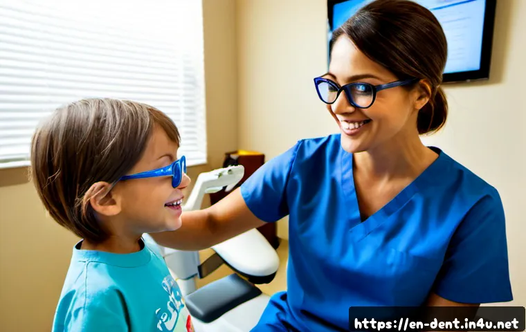 Home 17 소아치과에서 제공하는 예방 진료 - Photorealistic pediatric dental prevention visit in a bright, welcoming American dental clinic, frie...