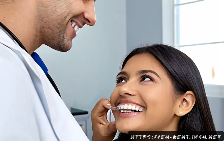 치아교정과 발음의 관계 - Photorealistic dental consultation scene, friendly adult patient wearing clear orthodontic aligners ...